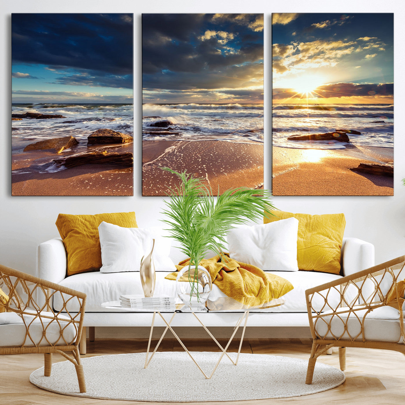 MGV-CV-60X30-3P - Golden Hour Beach Sunset Canvas Triptych, Ocean Waves and Rocks Wall Art for Coastal Home Decor