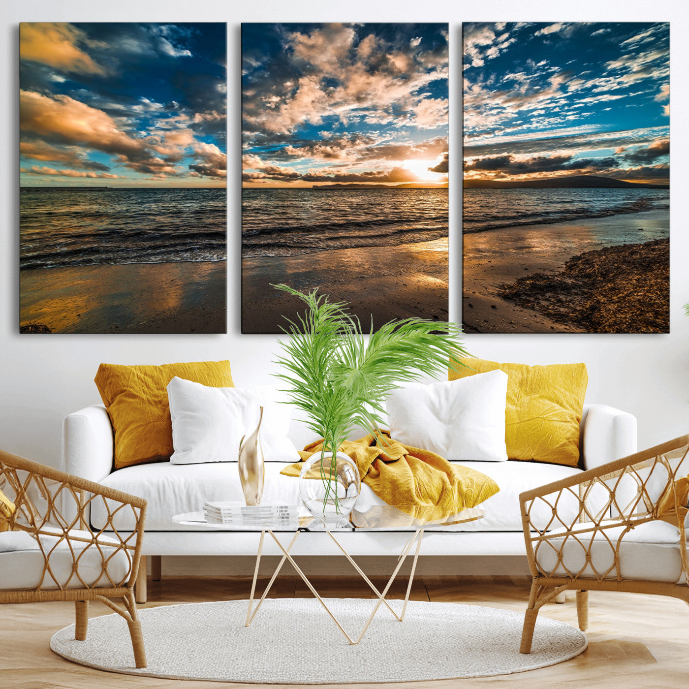 MGV-CV-60X30-3P - Beach Wall Art - Stunning Ocean Sunset Canvas Print with Coastal Design for Elegant and Relaxing