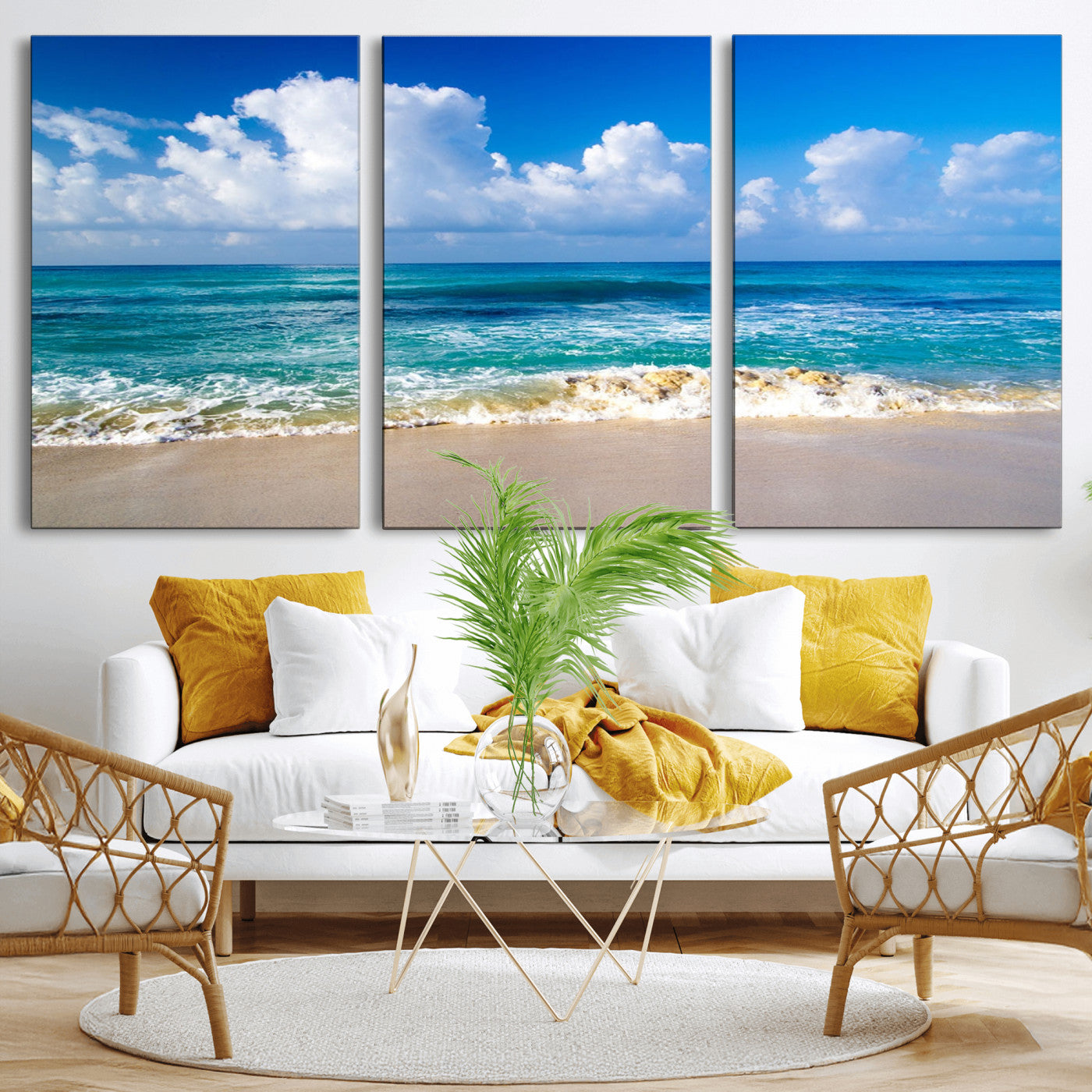 MGV-CV-60X30-3P - Tropical Beach 3-Panel Canvas Wall Art – Serene Ocean Waves and Blue Sky – Giclée Print for Living Room, Office, or Bedroom Coastal Decor