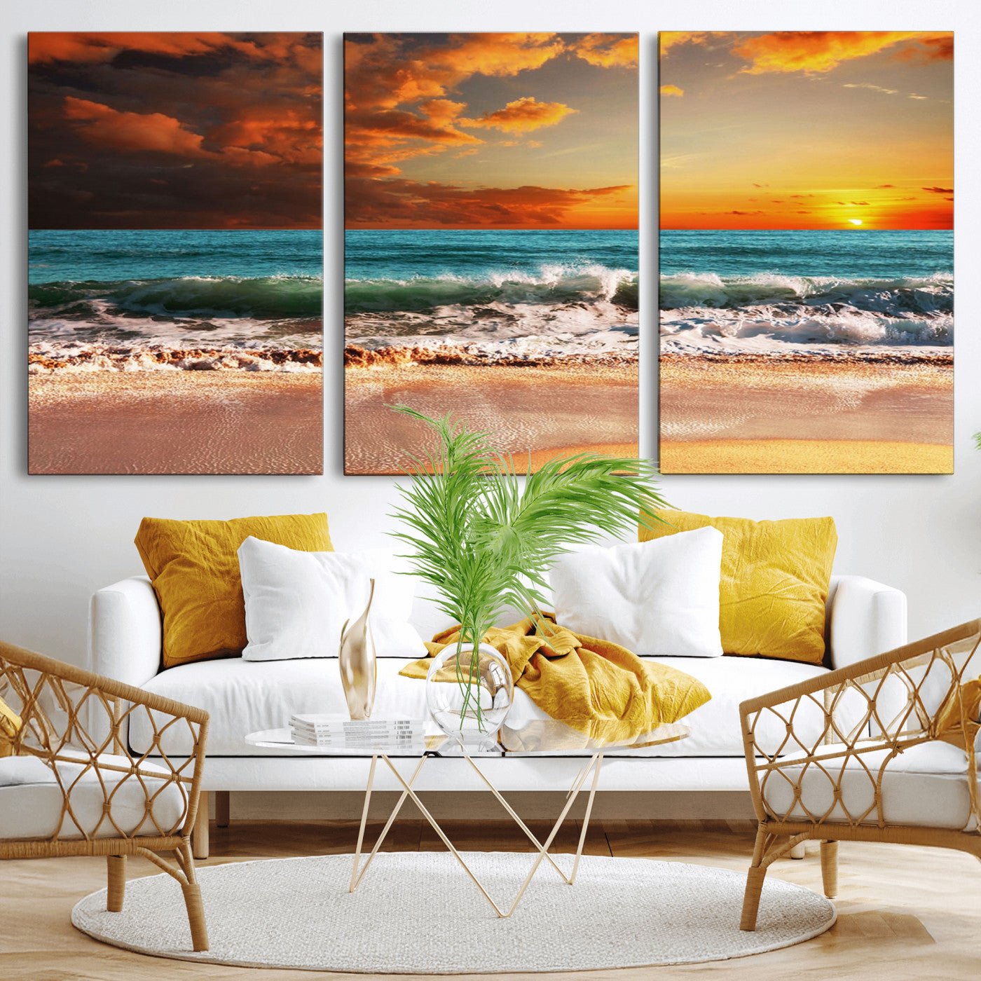 MGV-CV-60X30-3P - Golden Sunset Beach Canvas Wall Art – Triptych Seascape Print – Framed and Ready to Hang for Living Room or Office