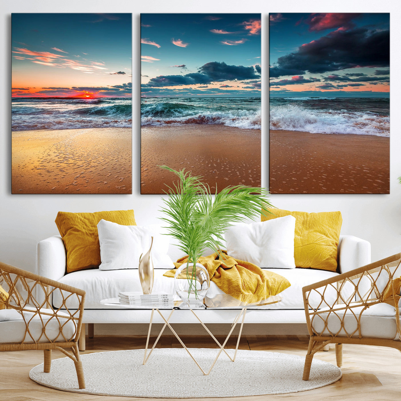 MGV-CV-60X30-3P - Sunset on Beach Wall Art Ocean Beach Canvas Print