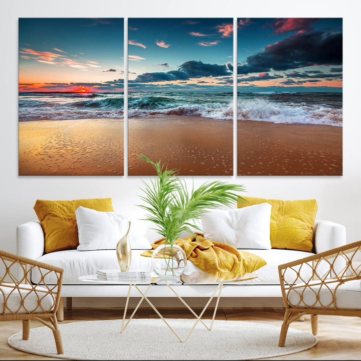 Sunset on Beach Wall Art: Waves under a vibrant sky. Crafted on museum-quality canvas, ready to hang and admire.