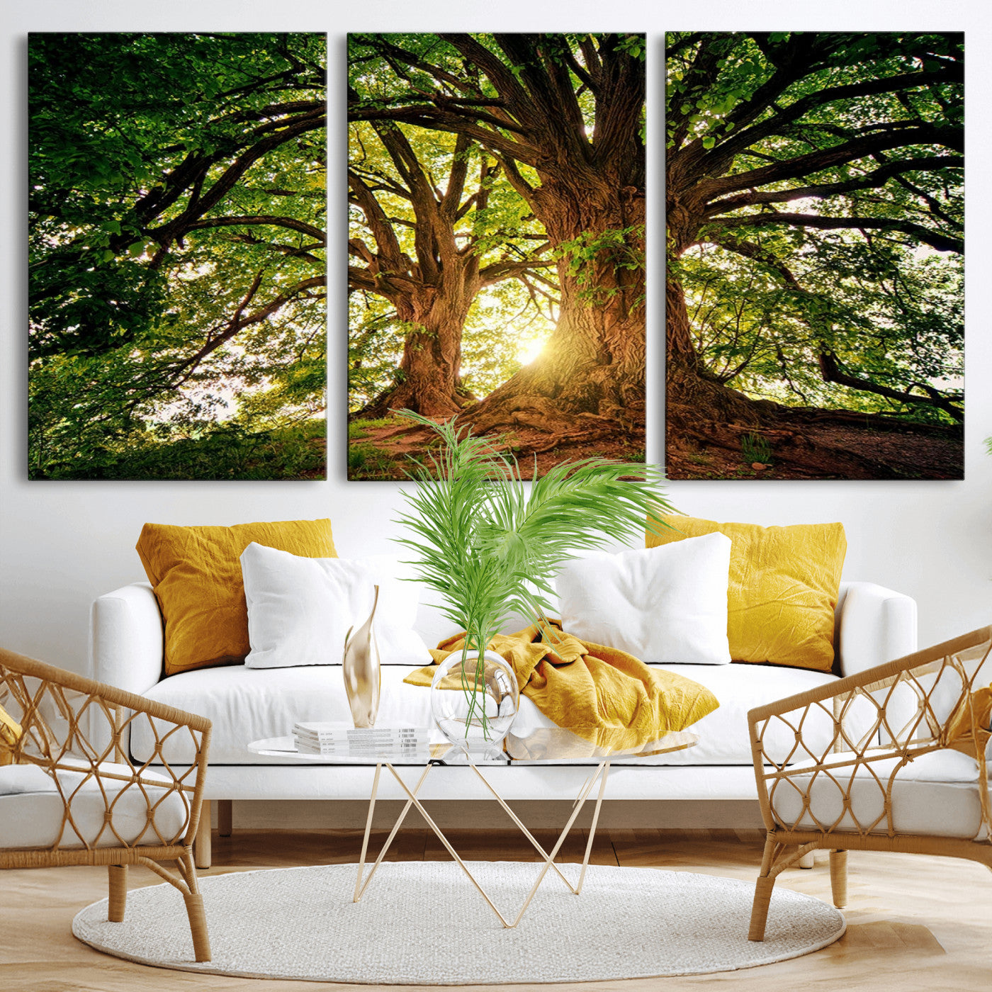 MGV-CV-60X30-3P - Majestic Ancient Tree Wall Art, Nature-Inspired Canvas Print, Woodland Art, Tree of Life Artwork, Sunlit Forest, Giclee Nature Print