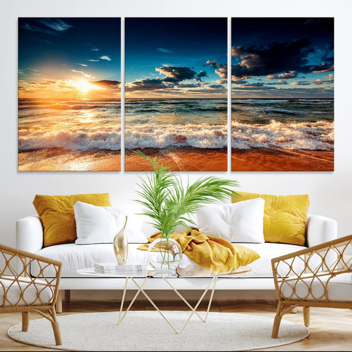 Golden Hour Sunset Over Ocean Waves Canvas: 3-Panel Coastal Landscape Art with Stunning Beach Photography Print.