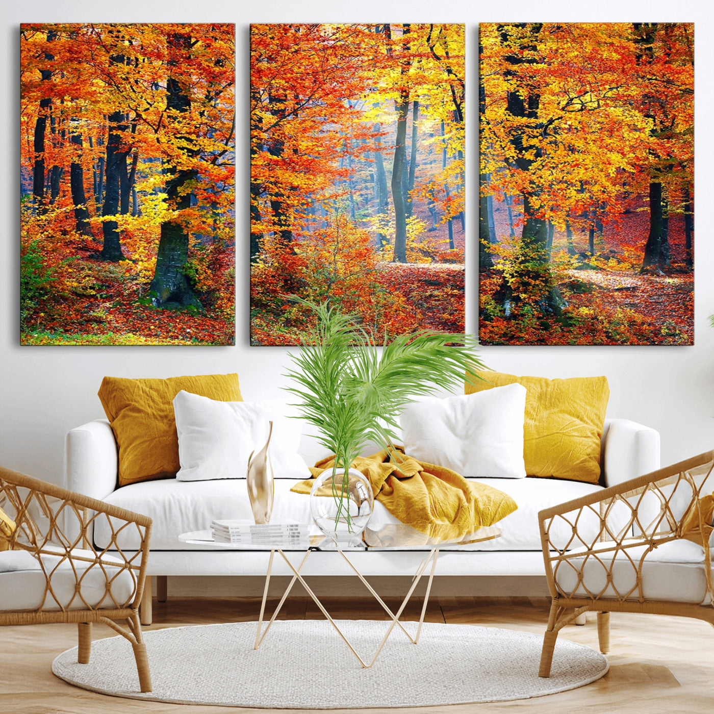 MGV-CV-60X30-3P - Autumn Red Forest Triptych Canvas Wall Art Print, Forest Wall Decor, Fall Landscape Art | Season Nature Landscape for Home or Office