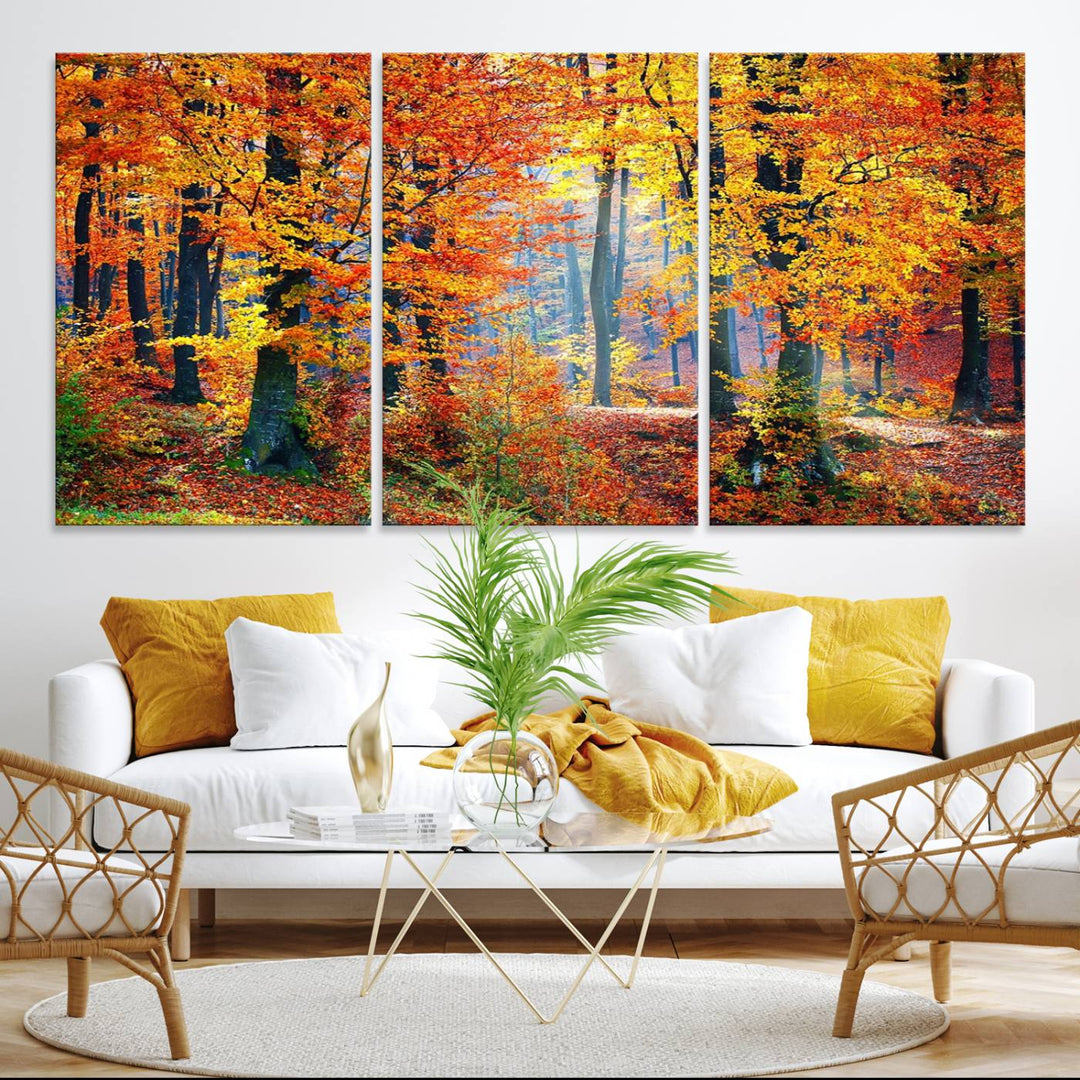 The room features an Autumn Red Forest Triptych Canvas Wall Art.