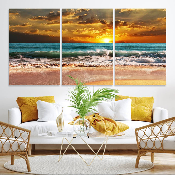 Golden Sunset Beach Canvas Triptych adorns the cozy room, creating a stunning focal point.