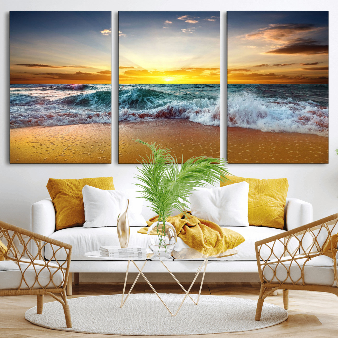 MGV-CV-60X30-3P - Golden Sunset Ocean Waves Wall Art Canvas Print – Multi Panel Beach Canvas Print Set – Large Coastal Triptych Print for Home or Farmhouse Decor