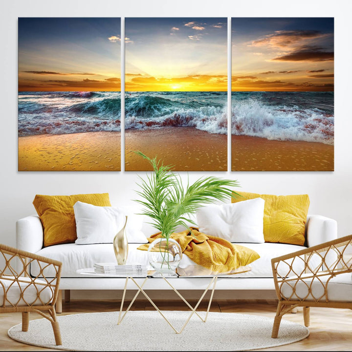 The kitchen features the Golden Sunset Ocean Waves multi-panel coastal wall art canvas.