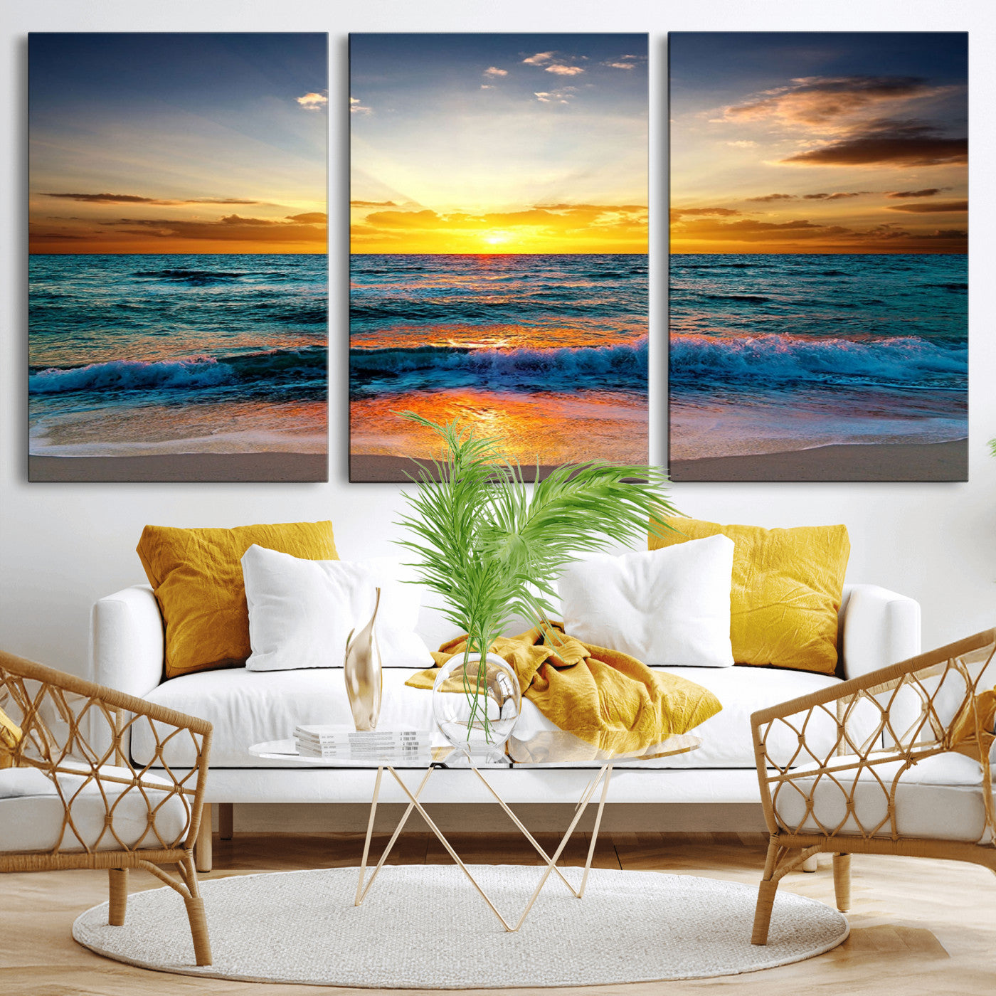 MGV-CV-60X30-3P - Vibrant Ocean Sunrise Over Golden Beach Waves, Giclee Canvas Wall Art Set, High-Quality Stretched Canvas Print, Ready to Hang Coastal Sunset Wall