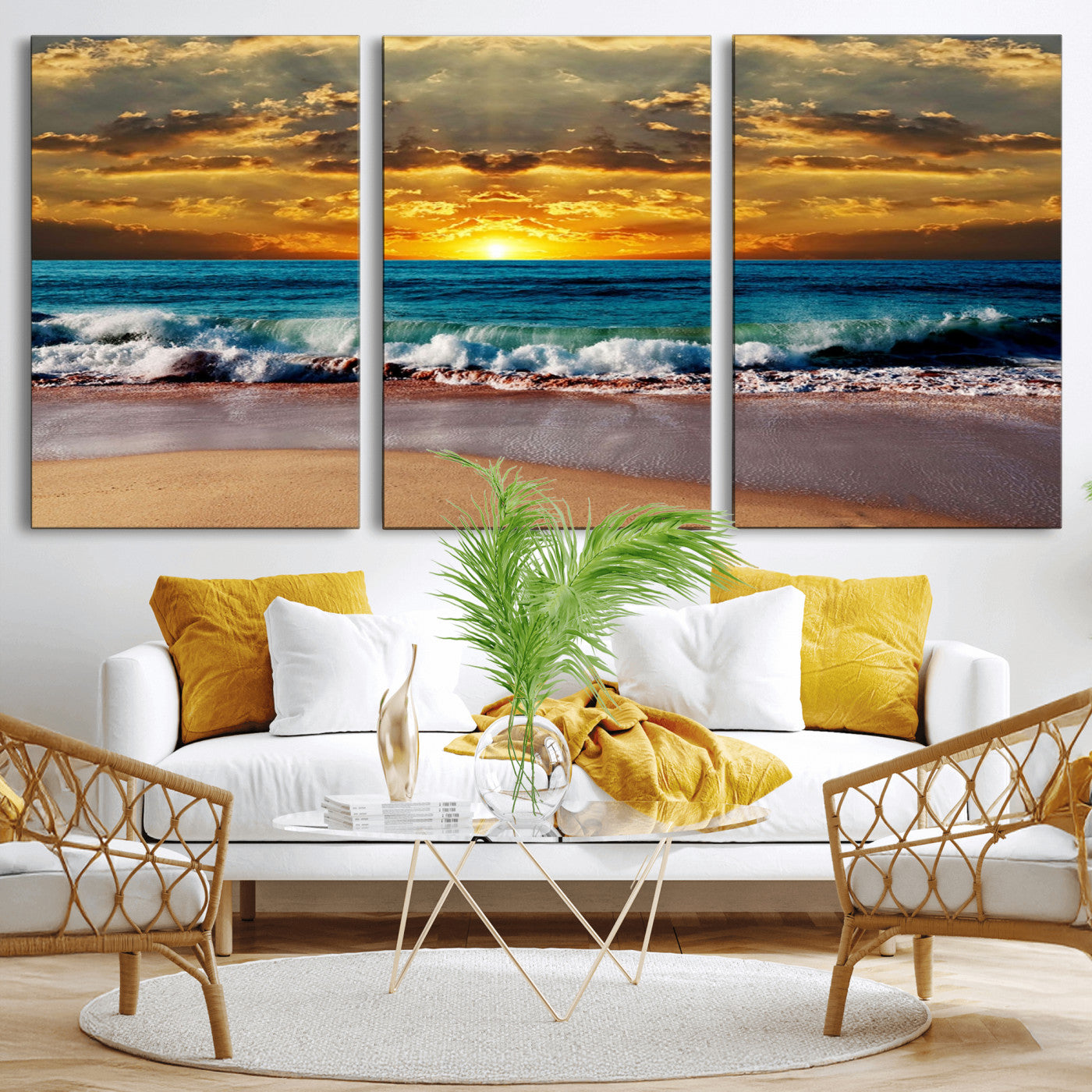 MGV-CV-60X30-3P - Ocean Sunrise Over Golden Beach Waves, Giclee Canvas Wall Art Set, High-Quality Stretched Canvas Print, Ready to Hang Coastal Sunset Wall Decor