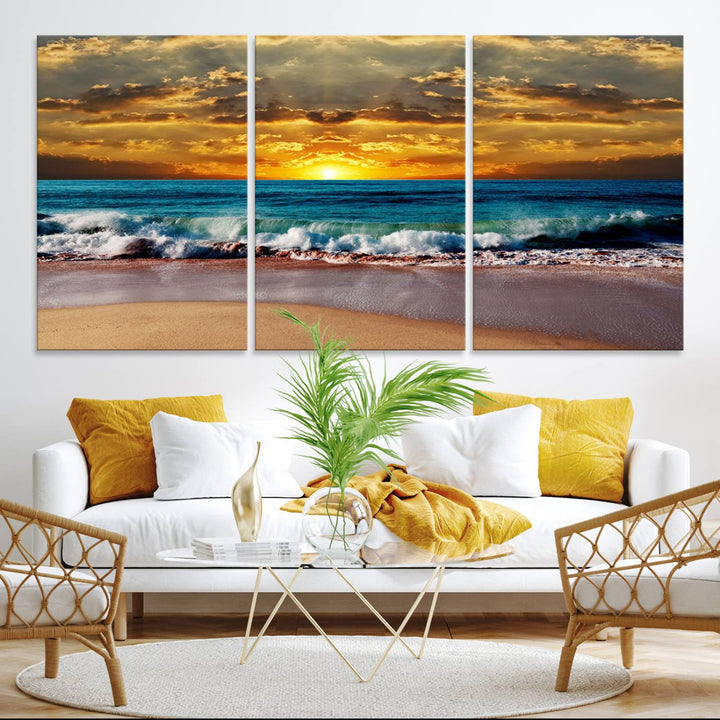 The Ocean Sunrise Over Golden Beach Waves wall art is prominently displayed, capturing the serene beauty of a beach at sunrise.