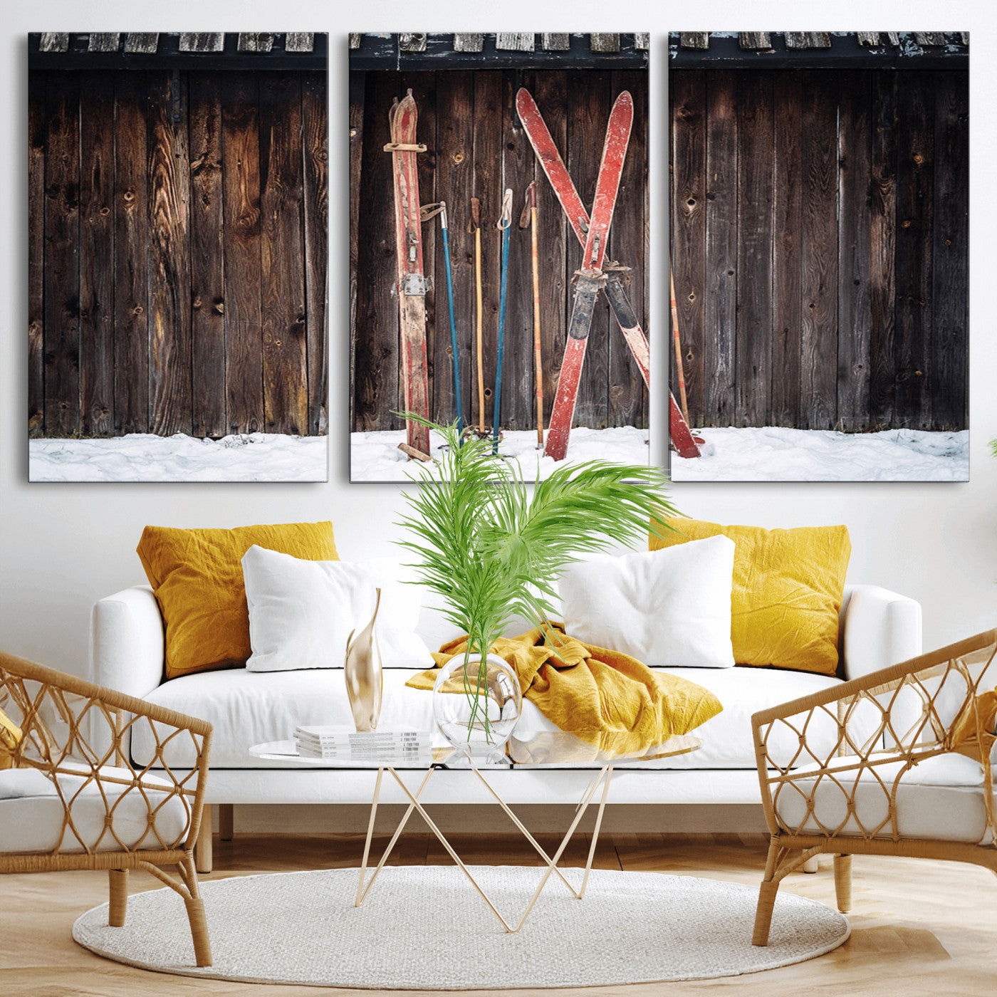 MGV-CV-60X30-3P - Vintage Ski Gear Against Wooden Cabin Wall, Rustic Winter Sports Equipment Canvas Print, Ready to Hang Wall Art, Perfect for Lodge or Ski Cabin Decor