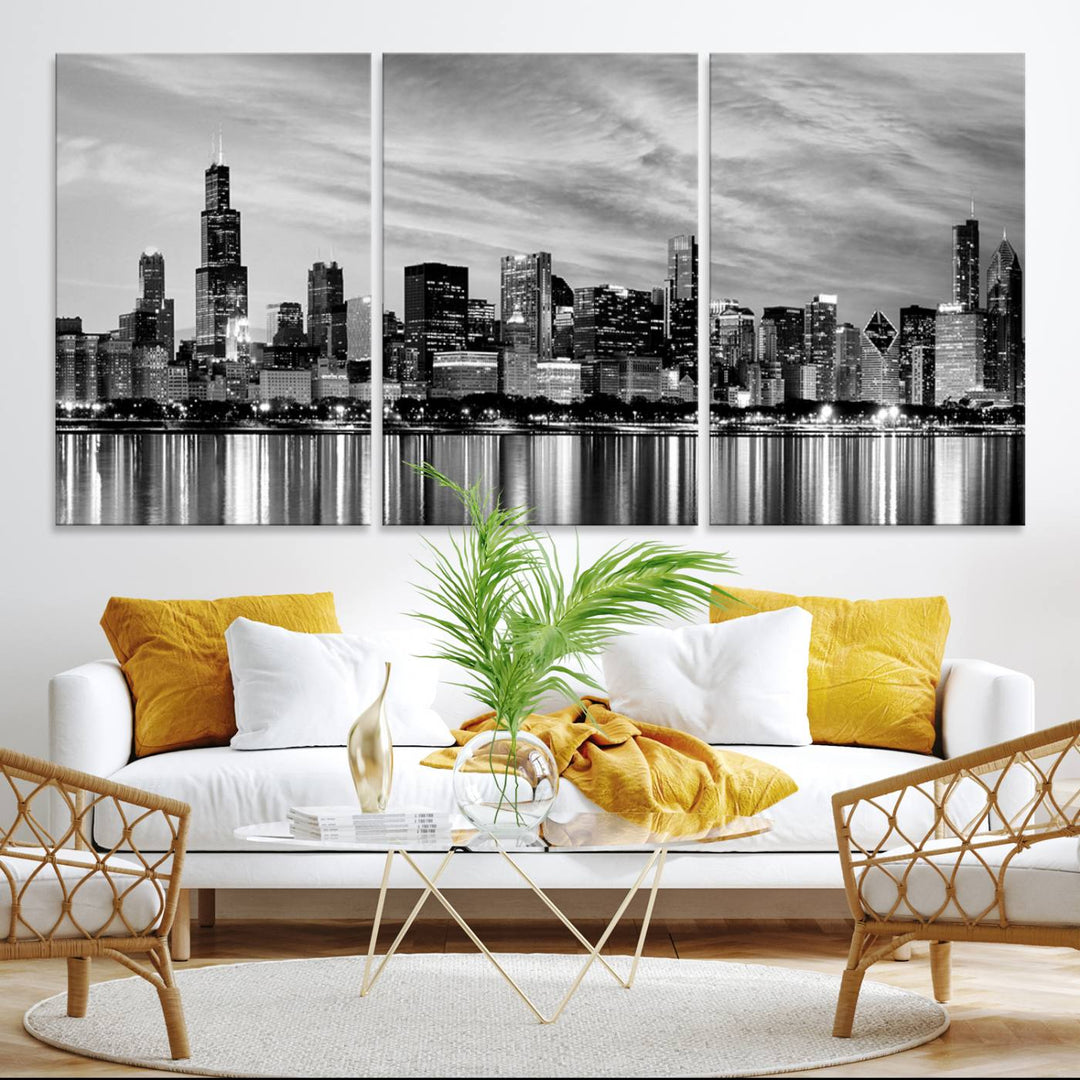 The Chicago City Cloudy Skyline Canvas Print hangs prominently.