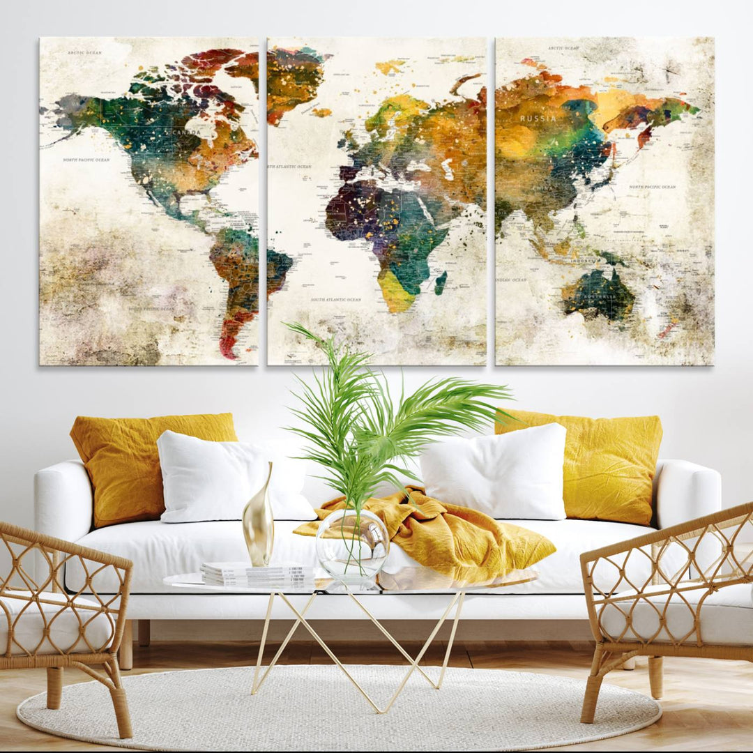 A 3-panel vintage world map canvas art is displayed.