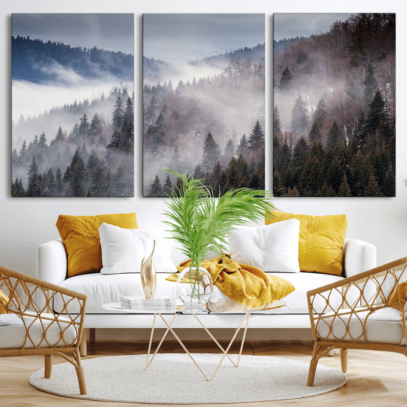 MGV-CV-60X30-3P - Beautiful Rising Fog in Winter Mountain Landscape - Framed Rising Fog in Winter Mountain Canvas