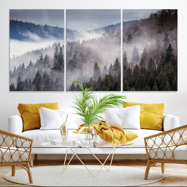 A museum-quality canvas of Beautiful Rising Fog in Winter Mountain Landscape hangs on the wall.