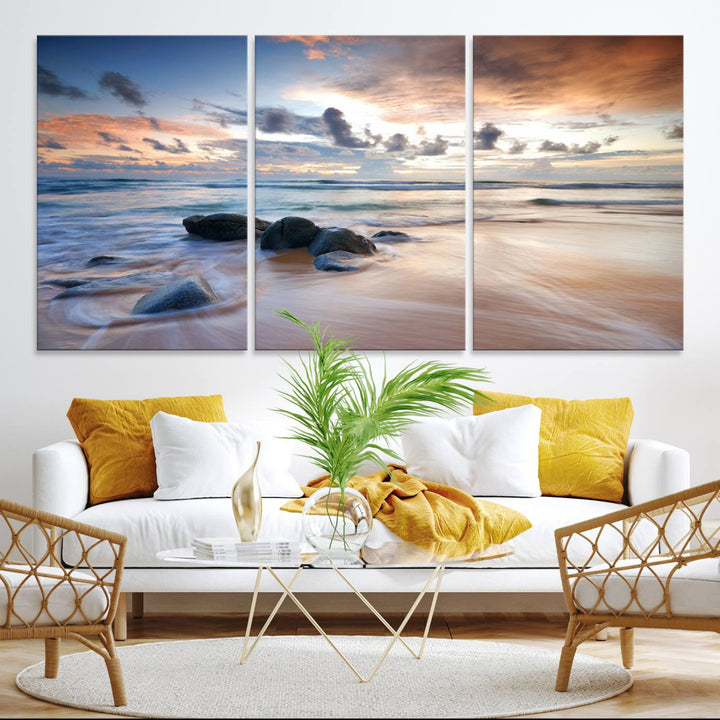 The Serene Weather On The Beach wall art canvas is ready to hang.