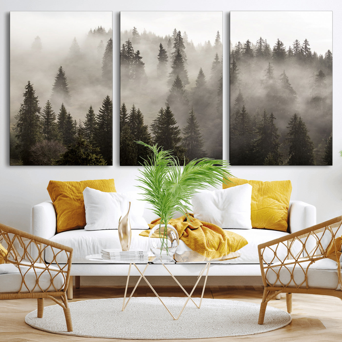 MGV-CV-60X30-3P - Foggy Mountain Wall Art | 3-Panel Foggy Forest and Mountain Landscape | Large Giclee Print for