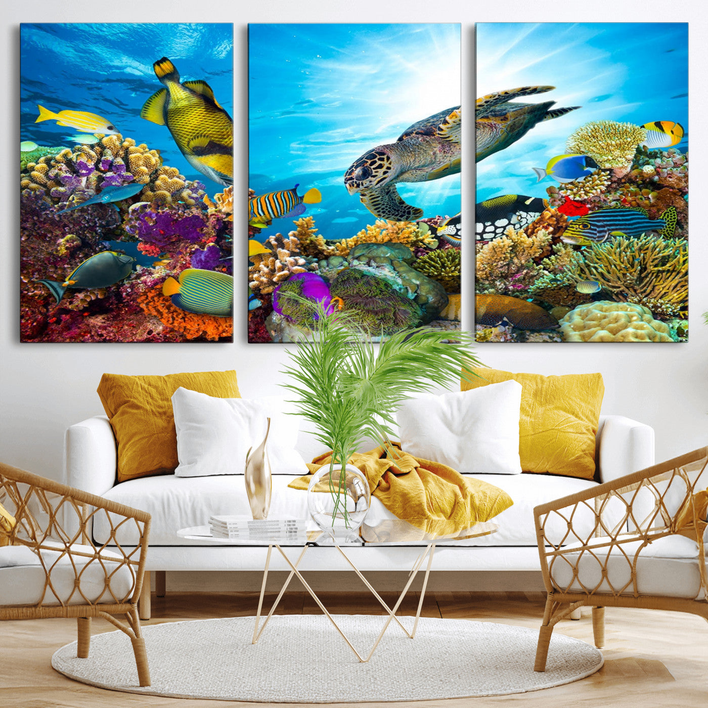 MGV-CV-60X30-3P - Sea Turtle Coral Reef Wall Art Print – Colorful Underwater Canvas Print – Tropical Ocean Marine Life Artwork – Perfect for Coastal Home Decor