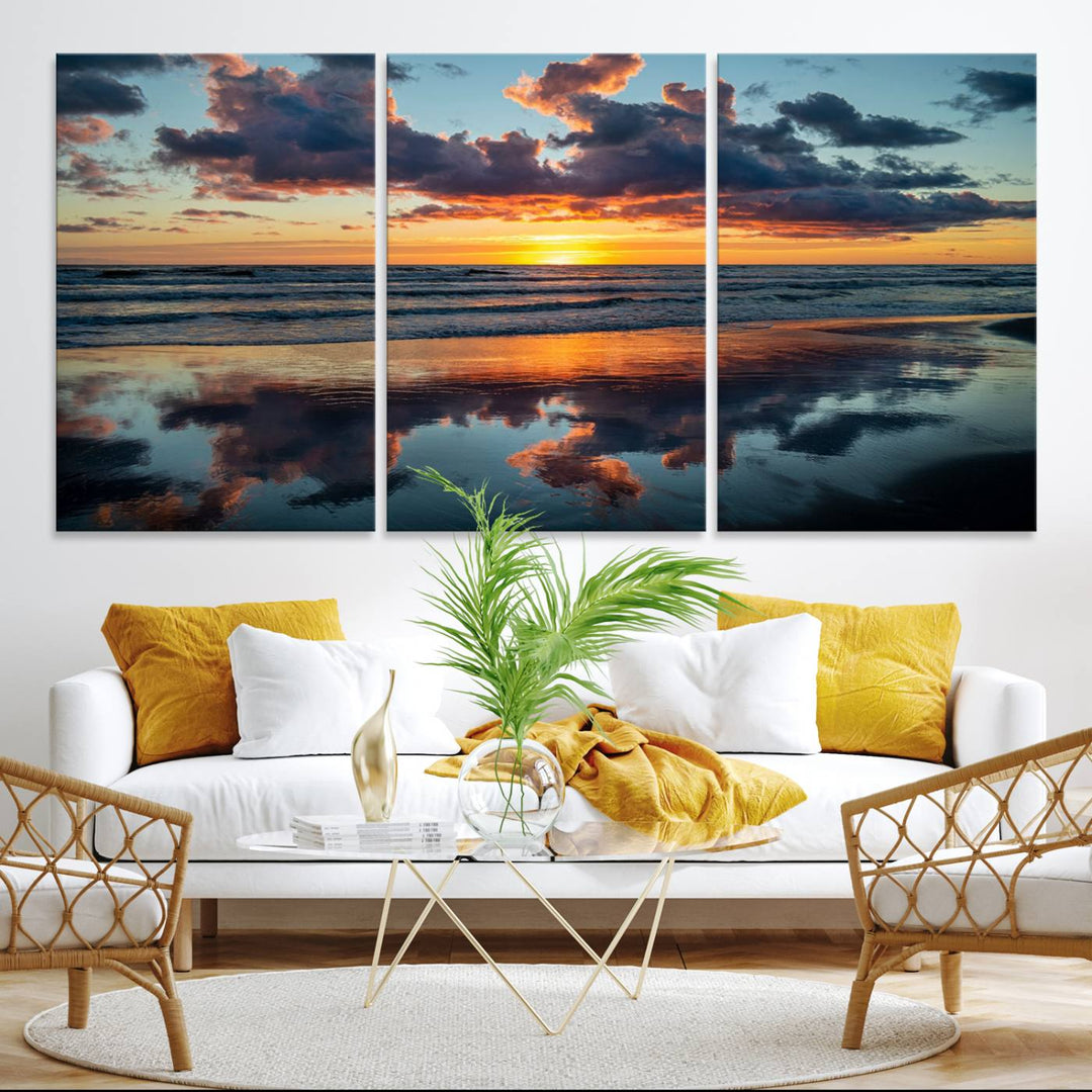 A Beach Sunset Print - Stunning Ocean Canvas Artwork adorns the wall.