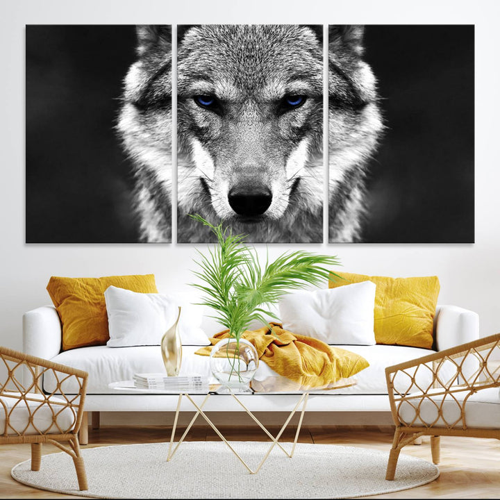 A ready-to-hang Black and White Wild Wolf Wall Art Canvas Print.