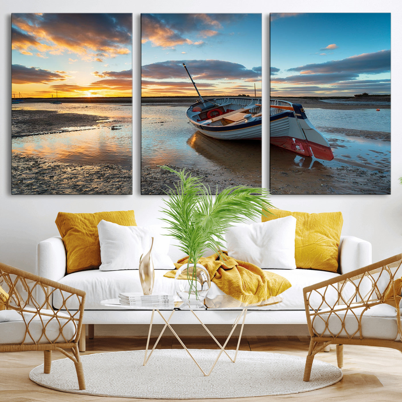 MGV-CV-60X30-3P - Small Boat At The Beach Sunset Wall Art, Boat Sunset Wall Art Canvas Print