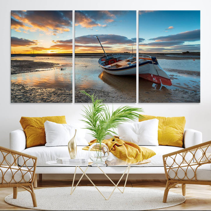 The Small Boat At The Beach Sunset wall art canvas print features UV coating, is museum-quality, and is ready to hang.