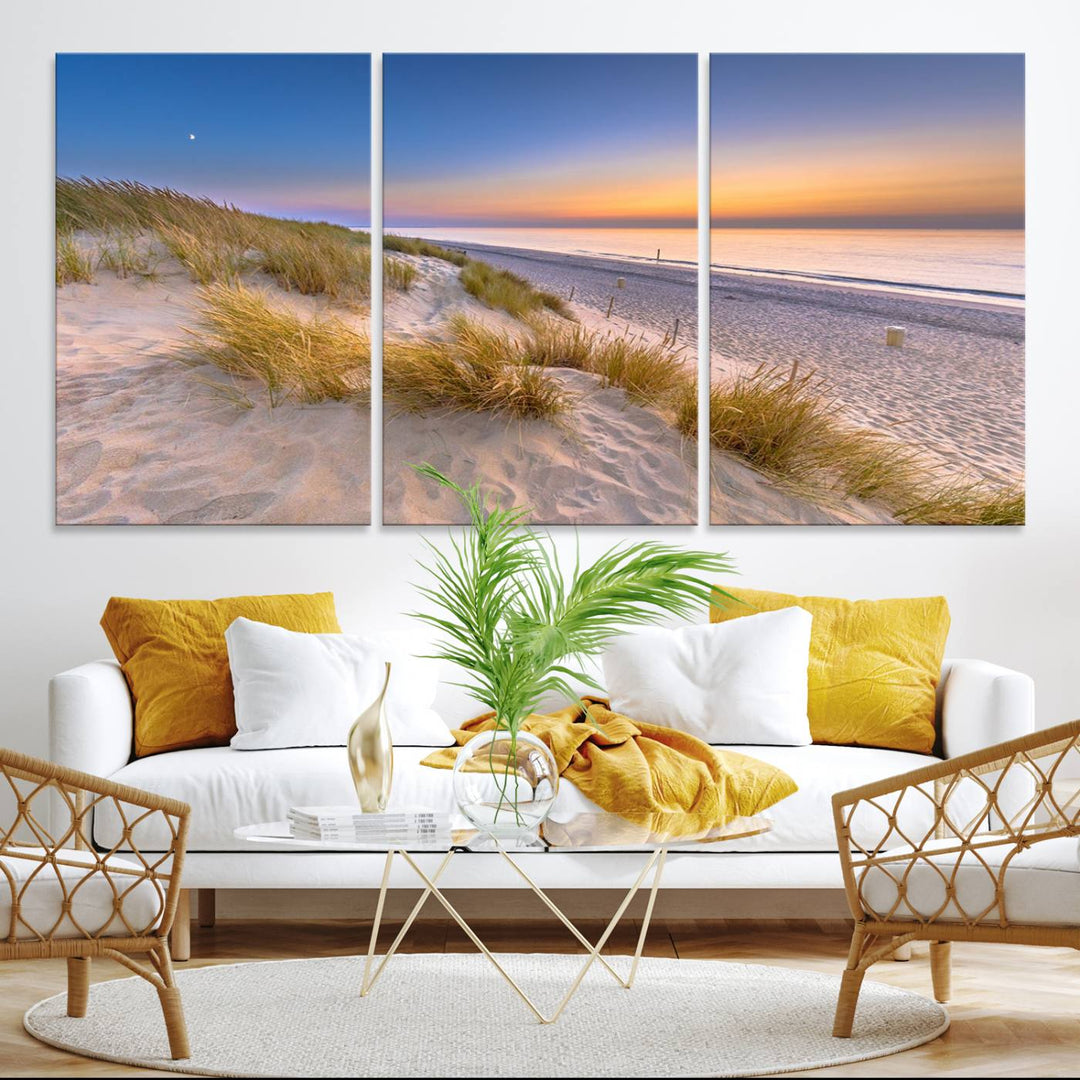 The cozy kitchen features the Sunrise On The Beach canvas art.