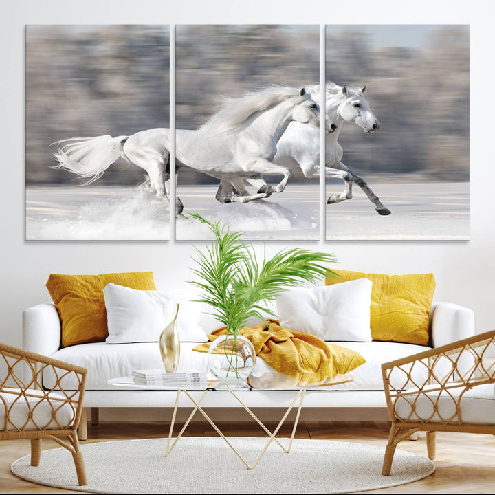 Museum-quality All The White Horses canvas print of two white horses in snow, ready to hang.