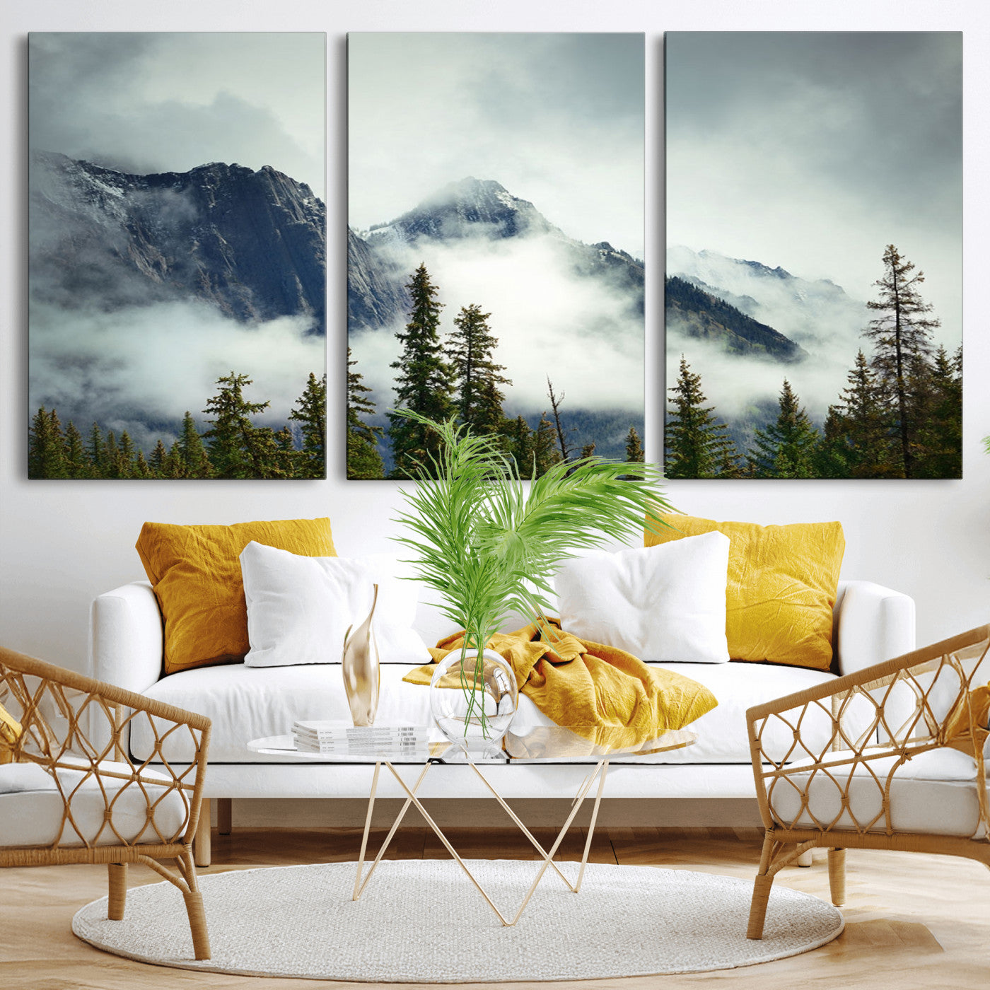 MGV-CV-60X30-3P - Mountain Mist Canvas Wall Art | 3-Panel Foggy Forest and Mountain Landscape | Large Giclee Print for Living Room, Office, or Cabin, Farmhouse Decor