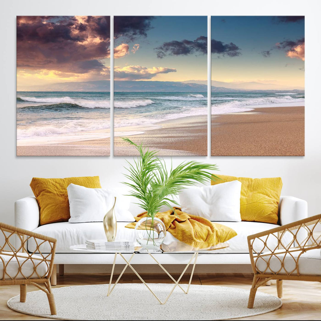 The dining area is enhanced with the Cloudy Weather Beach Sunset Canvas Print.