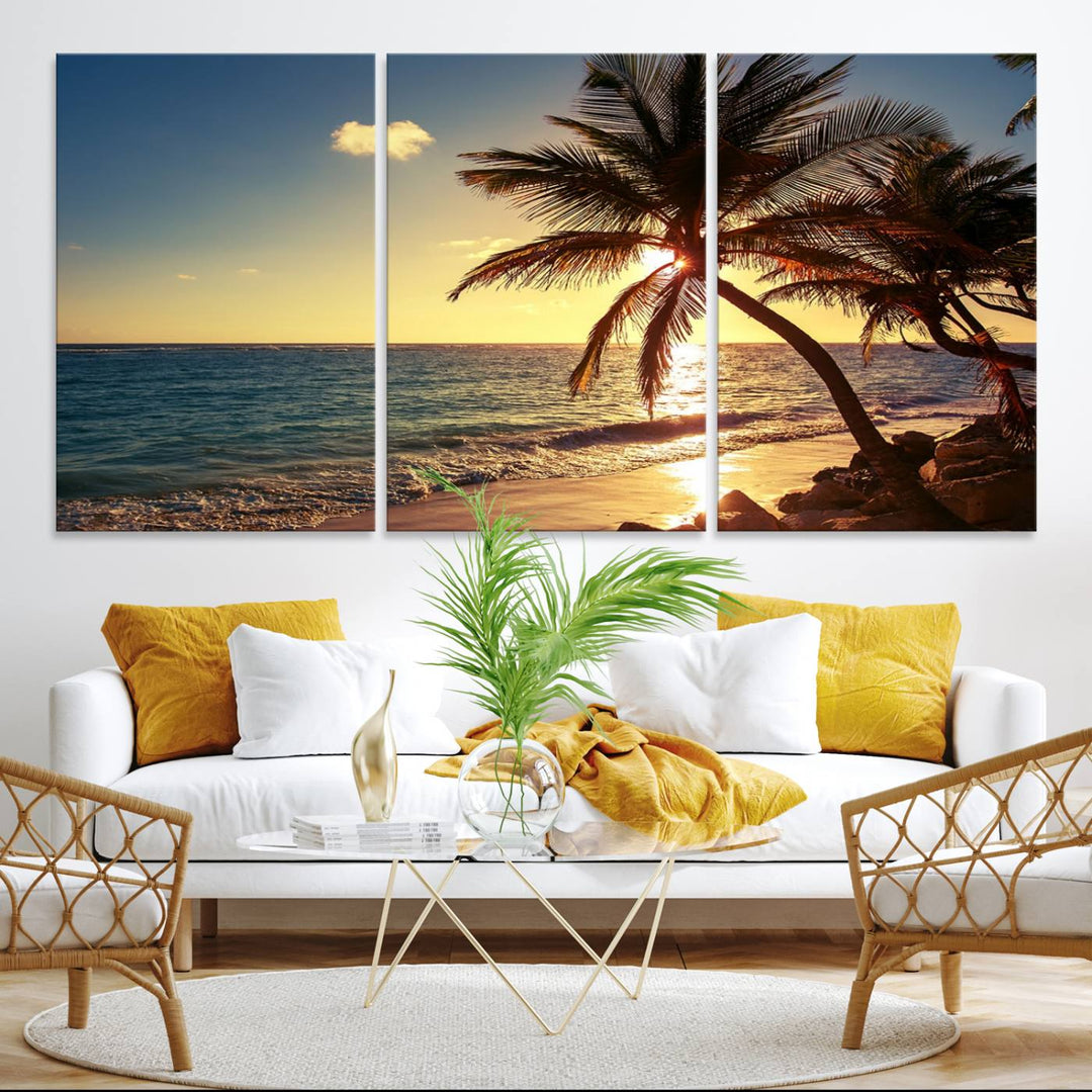 Sunset Palm Trees Wall Art Canvas Print: a serene beach scene on museum-quality canvas.