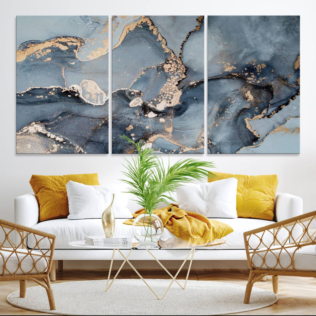 A Multipanel Marble Fluid Effect Canvas Print hangs prominently on the wall.