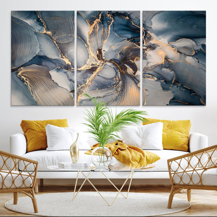 Abstract wall art canvas print is displayed prominently, adding a modern touch to the decor.