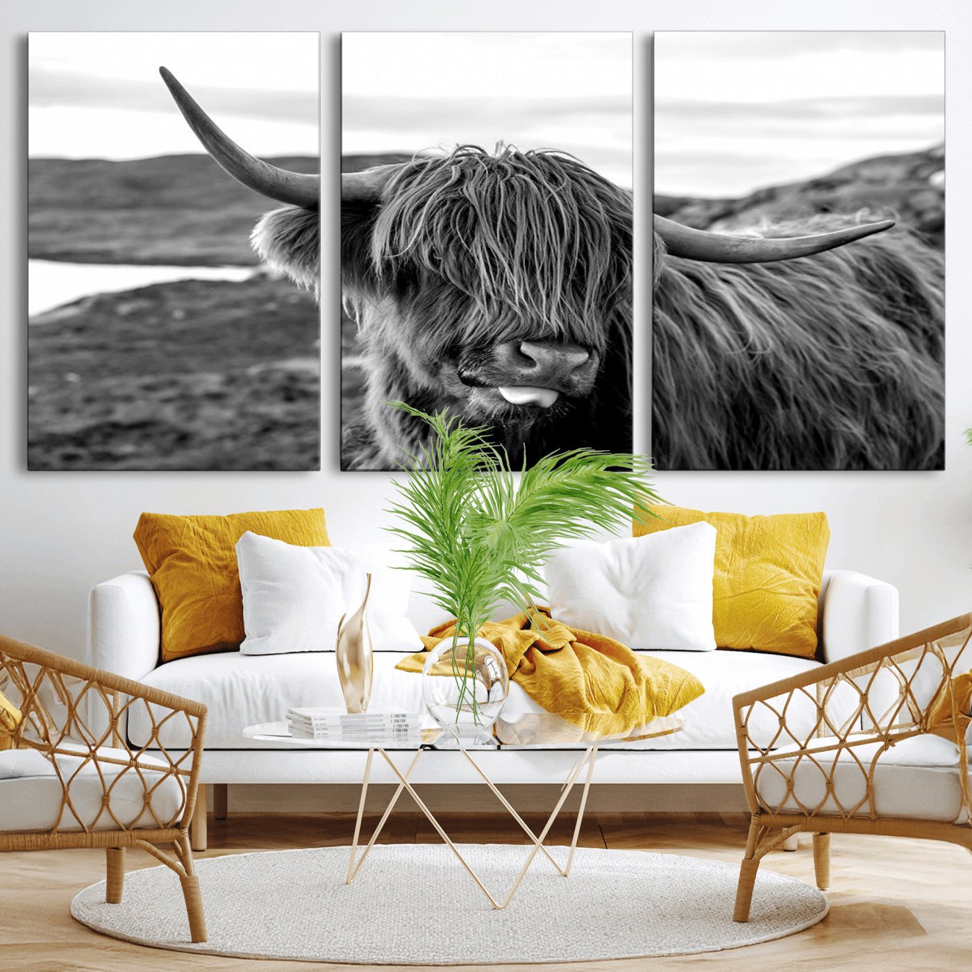 MGV-CV-60X30-3P - Highland Cow Canvas Wall Art – Black and White Animal Portrait – Framed and Ready to Hang Rustic Farmhouse Decor for Living Room or Office