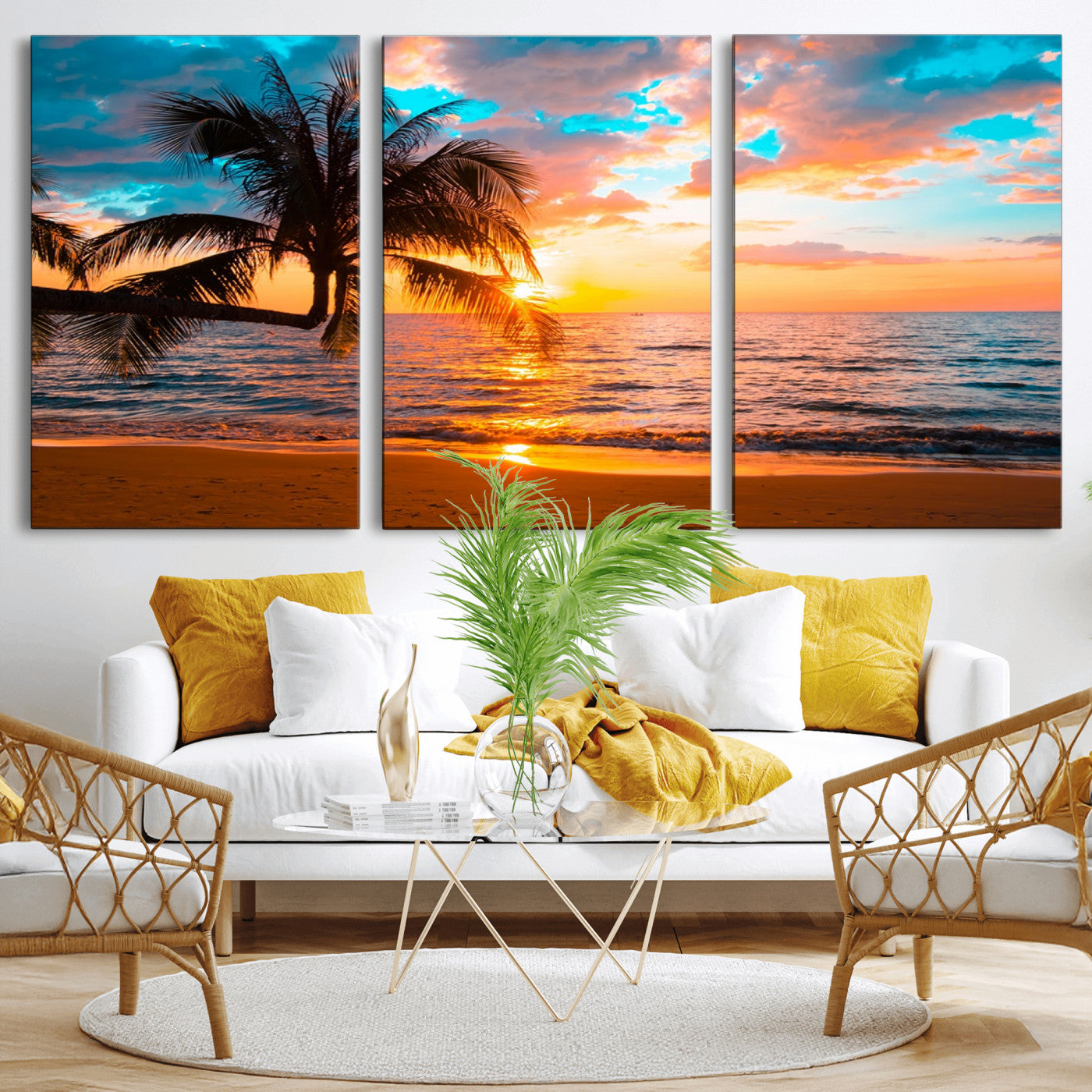 -Palm Tree Sunset On The Beach Wall Art Canvas, Framed Palm Tree Sunset Canvas Print