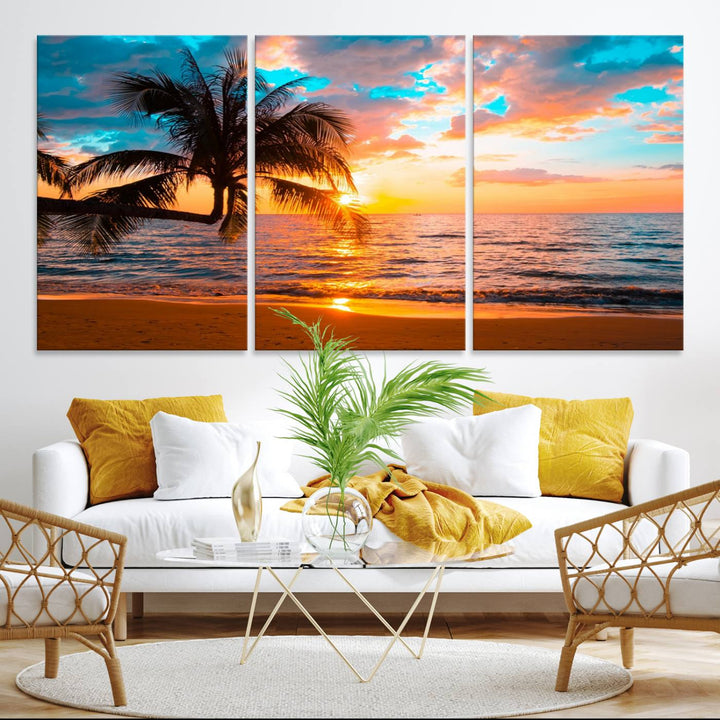 The Palm Tree Sunset On The Beach ready-to-hang canvas wall art—museum quality—brings a serene atmosphere to the room.