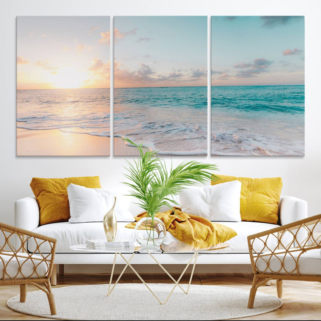 The room features a 3-panel Tranquil Ocean Beach Sunset Canvas Wall Art.