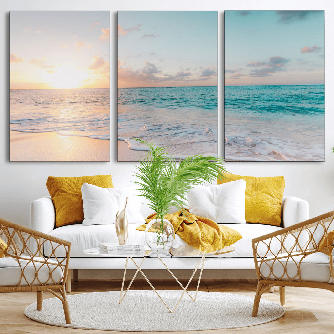 MGV-CV-60X30-3P - Tranquil Ocean Beach Sunset Canvas Wall Art | 3-Panel Coastal Decor