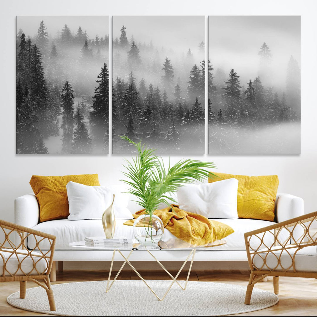 A stunning Foggy Misty Forest Canvas Wall Art adorns the kitchen wall.