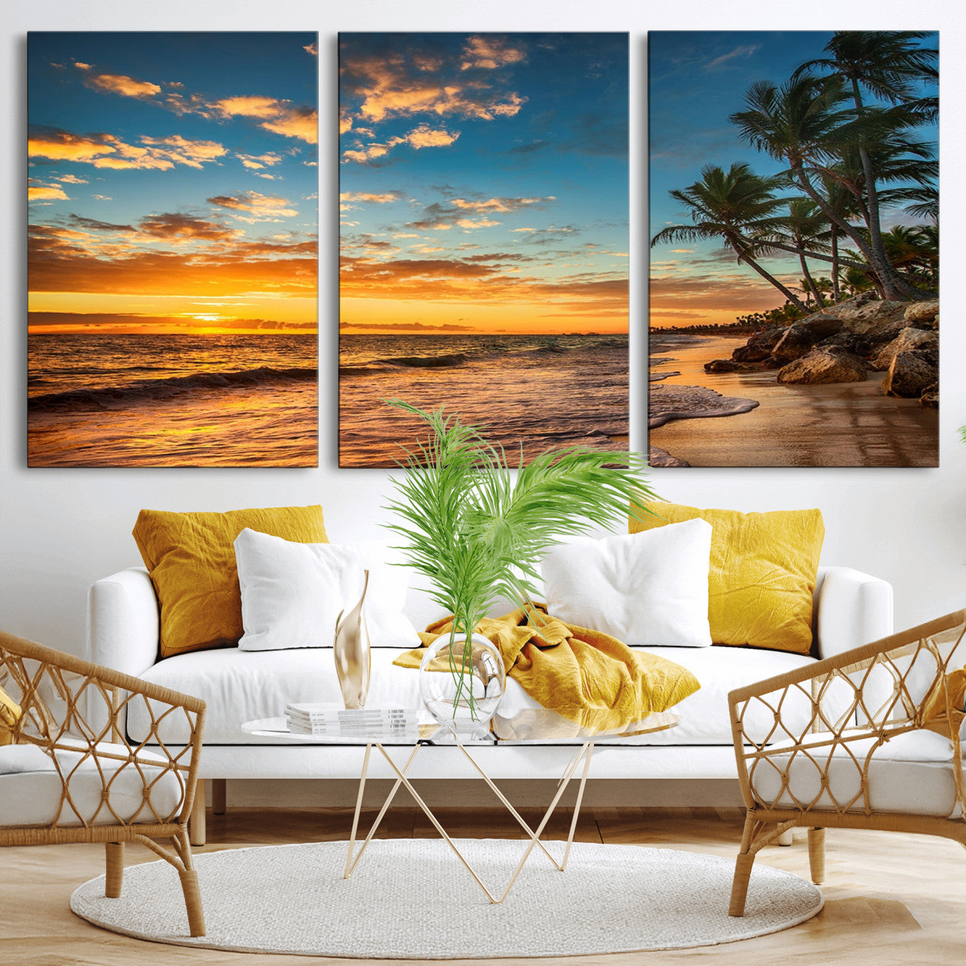 MGV-CV-60X30-3P - Tropical Beach Sunset Wall Art Print – Palm Tree Coastal Canvas Print – Ocean Seascape Artwork – Perfect for Tropical Modern Home Decor