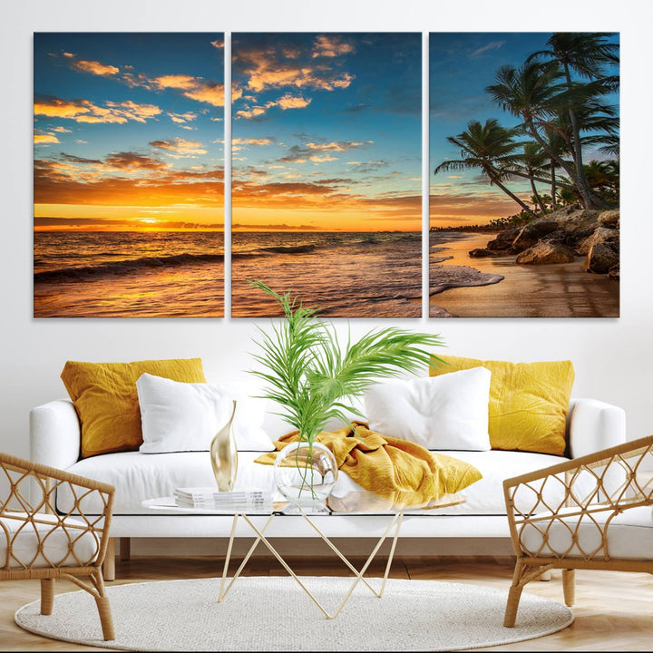 A stunning beach sunset on a museum-quality Sunset Wall Art Canvas Print adorns the kitchen wall.