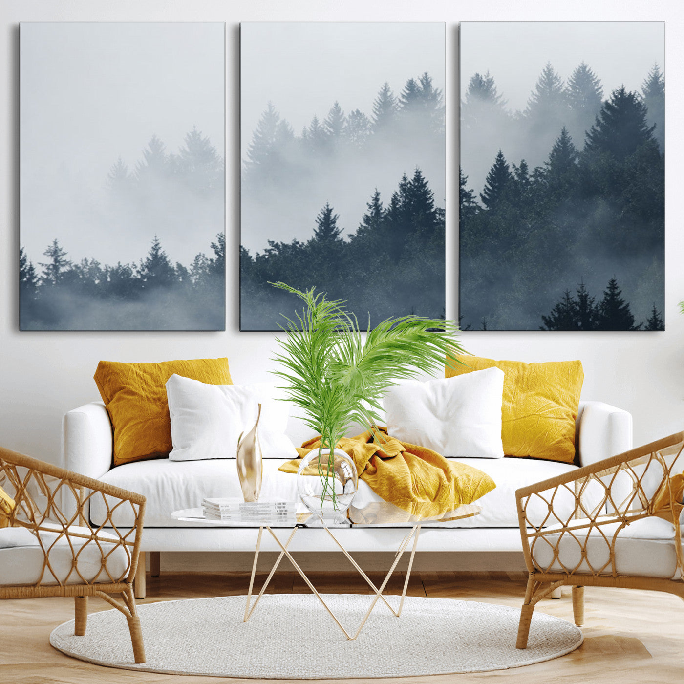 MGV-CV-60X30-3P - Misty Forest Wall Art Print – Foggy Pine Tree Canvas Print – Dark Woodland Nature Artwork – Perfect for Minimalist and Modern Home Decor