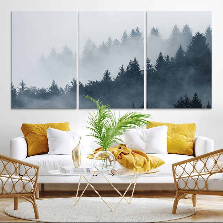 A large Foggy Pine Forest Wall Art Canvas Print.