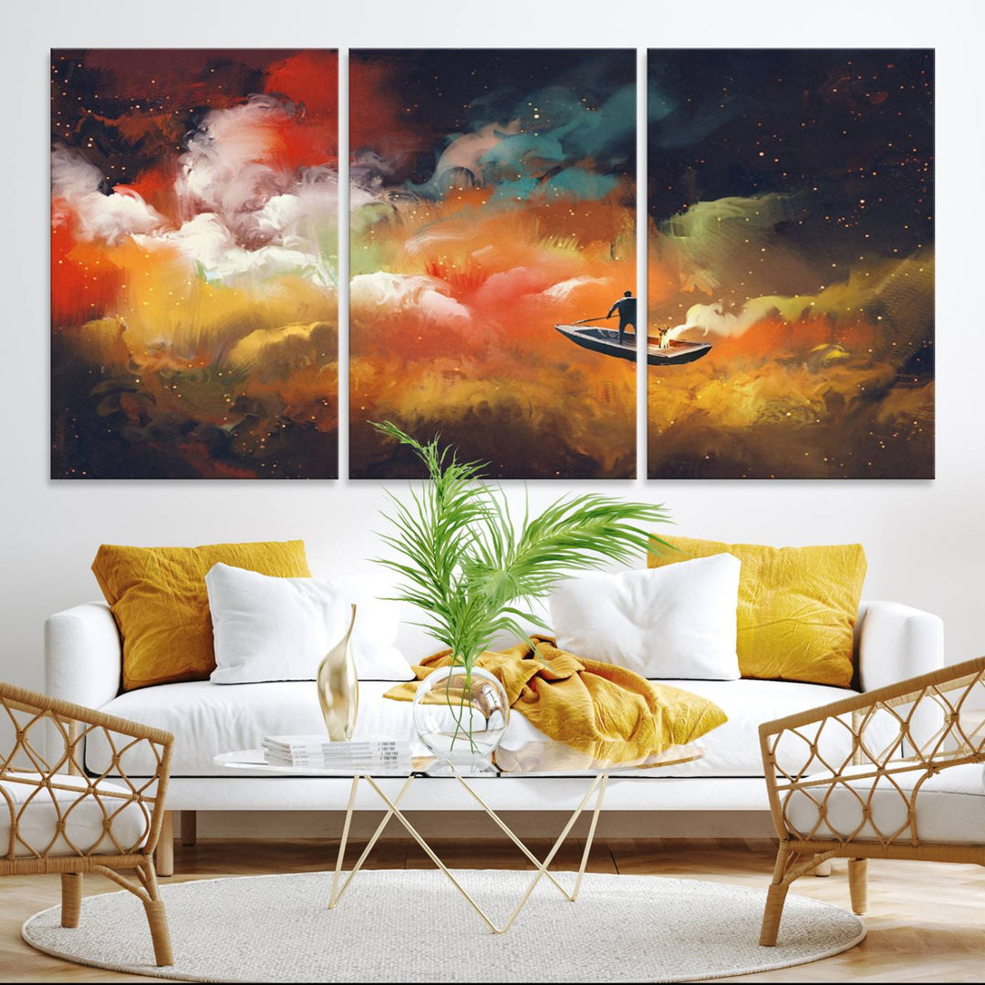 Surreal Space Adventure Canvas Wall Art features a person in a boat.