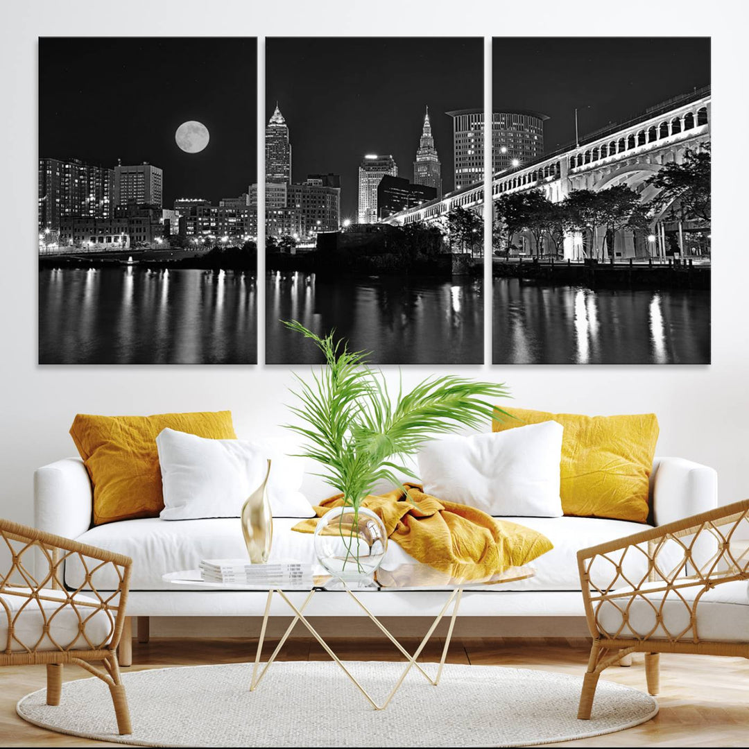 Cleveland Night Skyline Canvas Print: A museum-quality piece, ready to hang, featuring a stunning full moon and its reflections below.