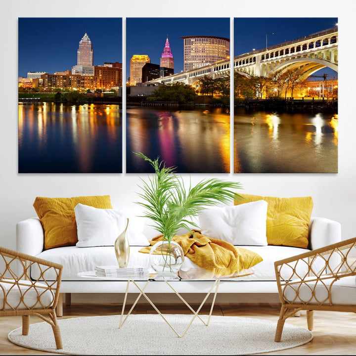 Cleveland Night Skyline Canvas: Cityscape with an illuminated bridge reflecting on calm water.