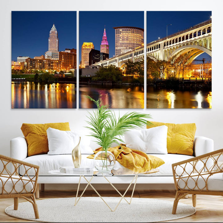 The Cleveland City Lights Canvas showcases a lit-up bridge and cityscape at night.