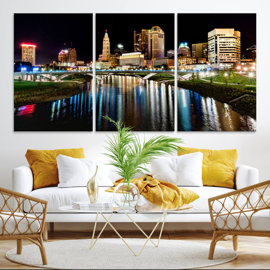 The Columbus City Lights Night Skyline Wall Art Canvas Print adorns the wall.